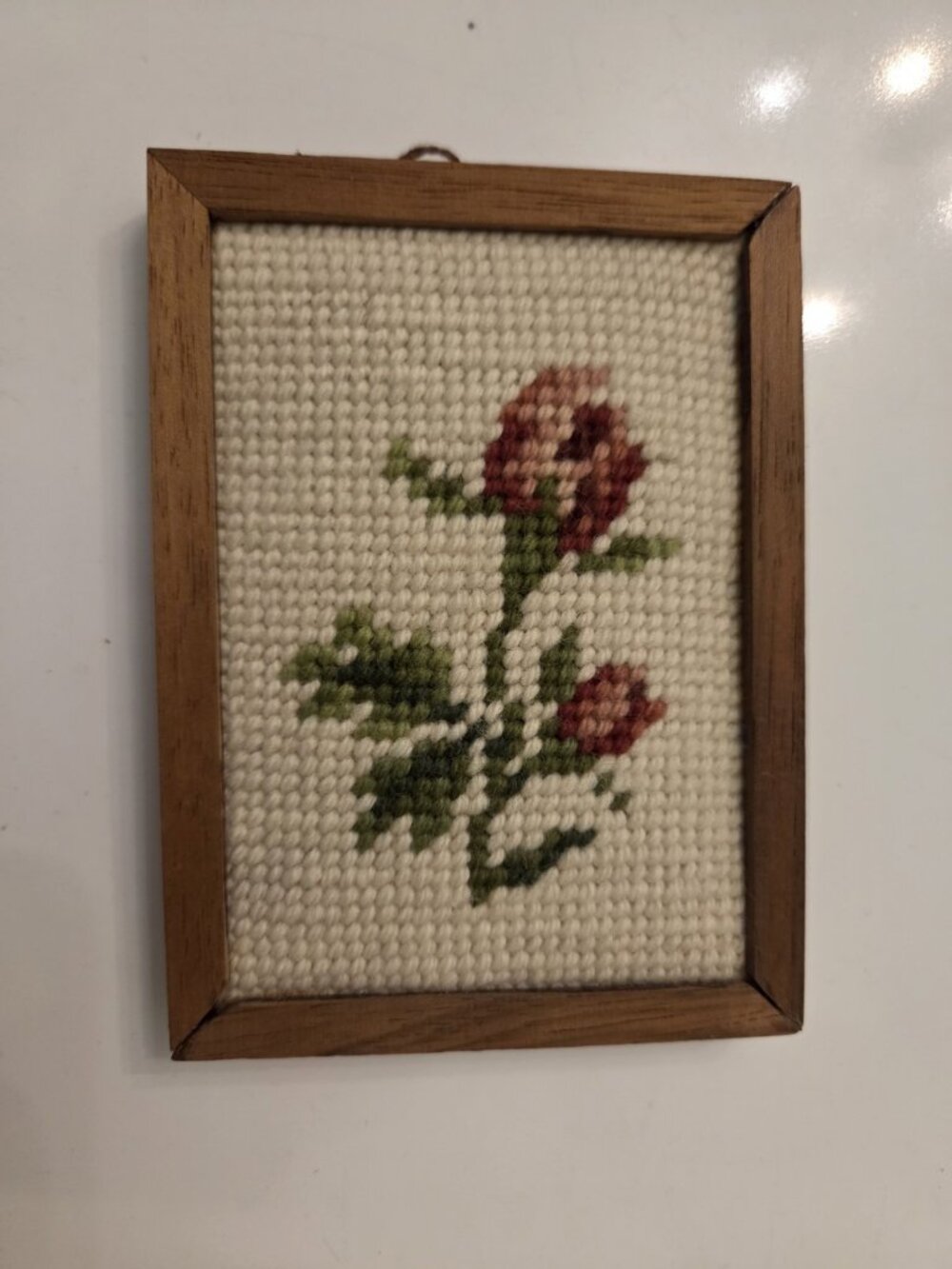 Small Vintage Framed Needlepoint Floral Rose Buds Wool Embroidery Picture
